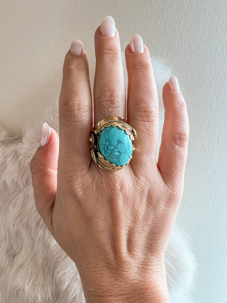 Large Turquoise Ring with Leaf Setting