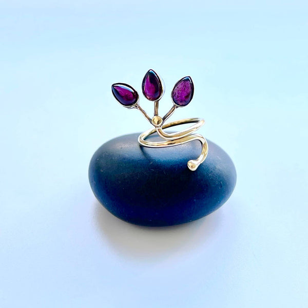 Adjustable Brass Triple Blossom Stone Ring