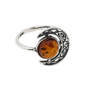 Cognac Amber Sterling Silver Moon Ring