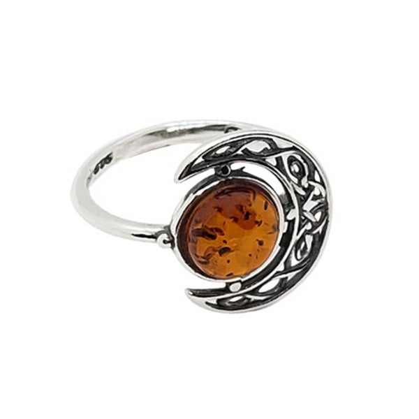 Cognac Amber Sterling Silver Moon Ring