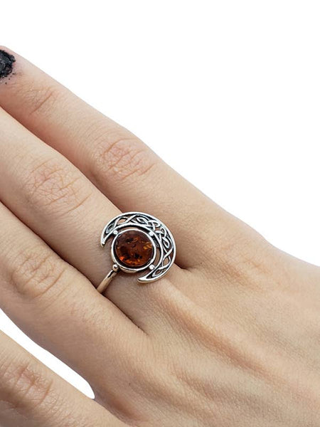 Cognac Amber Sterling Silver Moon Ring