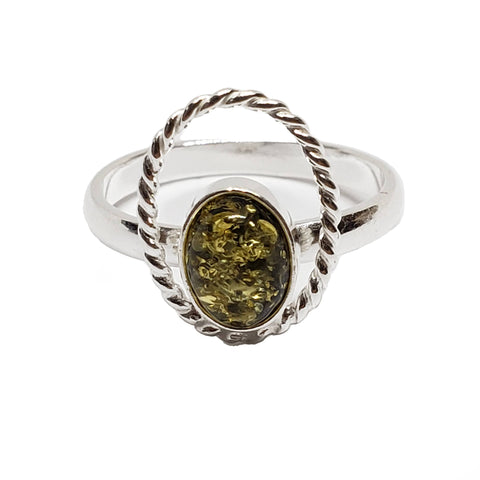 Green Amber Sterling Silver Ring